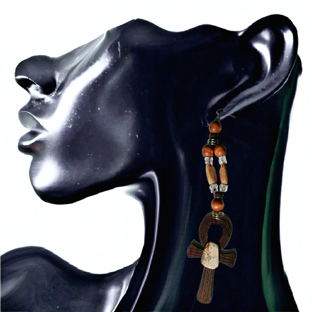 NEW Handcrafted 6.5" Single Earring! Wood Ankh, Genuine Jasper Stone, Wood Beads